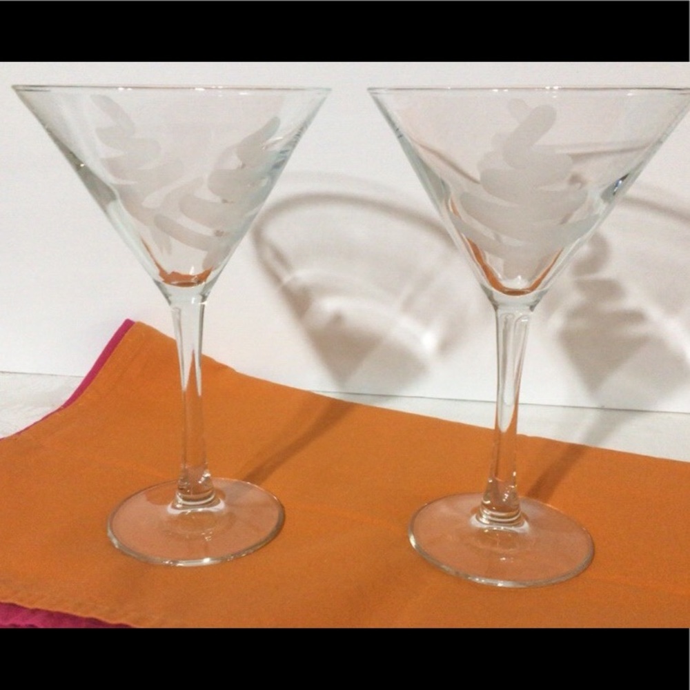 Two (2) Etched Christmas Tree Design 8.5 oz. Martini Glasses